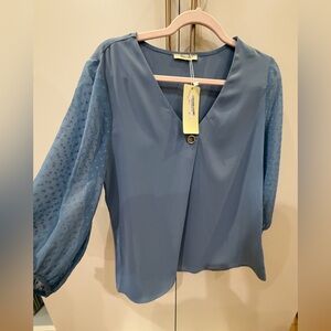 Chic Blue V-Neck Blouse with Sheer Sleeves